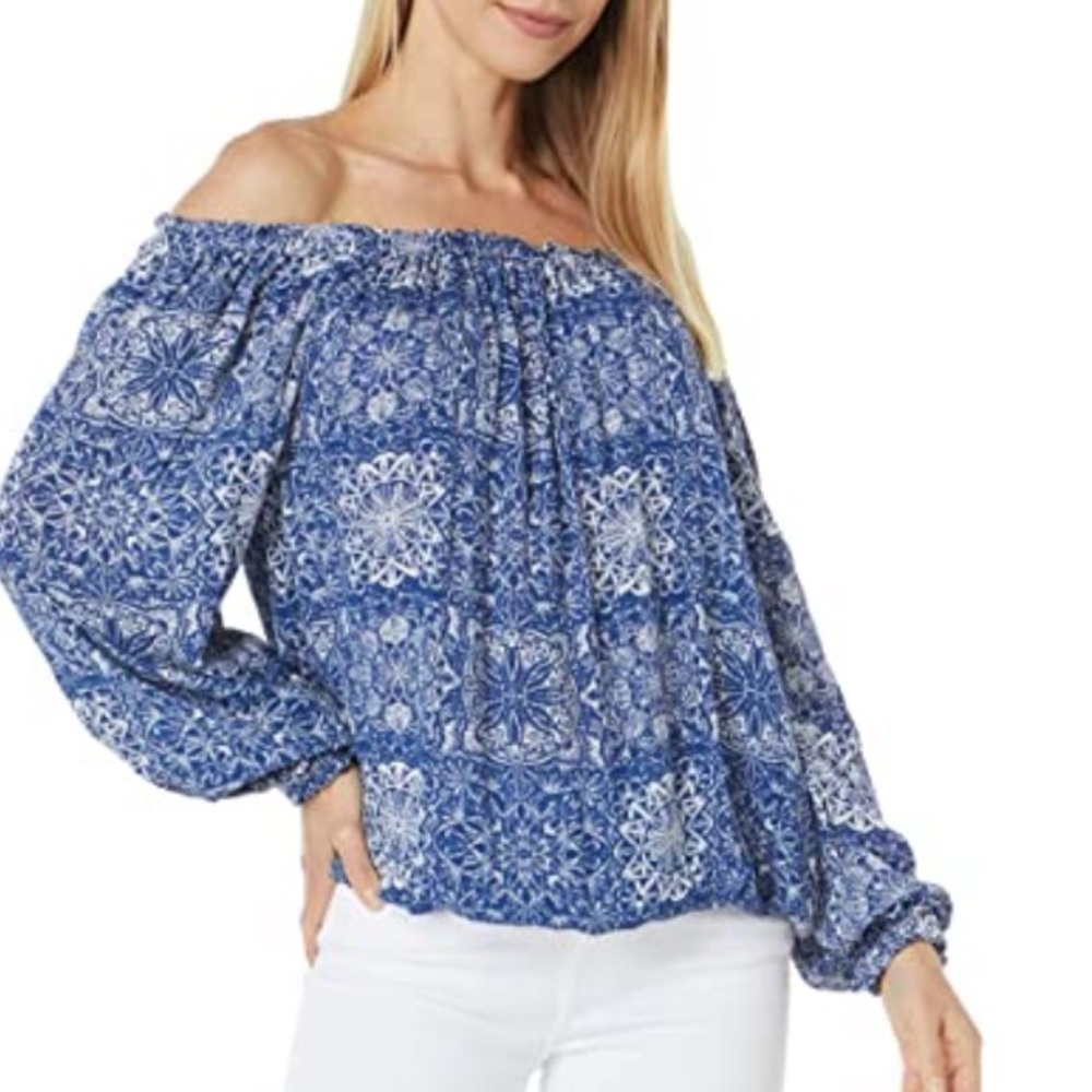 Tommy Hilfiger Indigo & White Mandala Off-Shoulder Top, Size: Small Petite